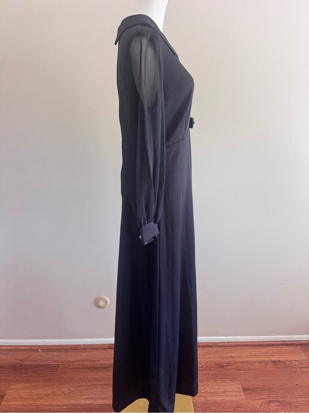 Vintage 1970s Lily& Lyn Black Maxi Dress Sheer Sleeves Rhinestone - Picture 8 of 11